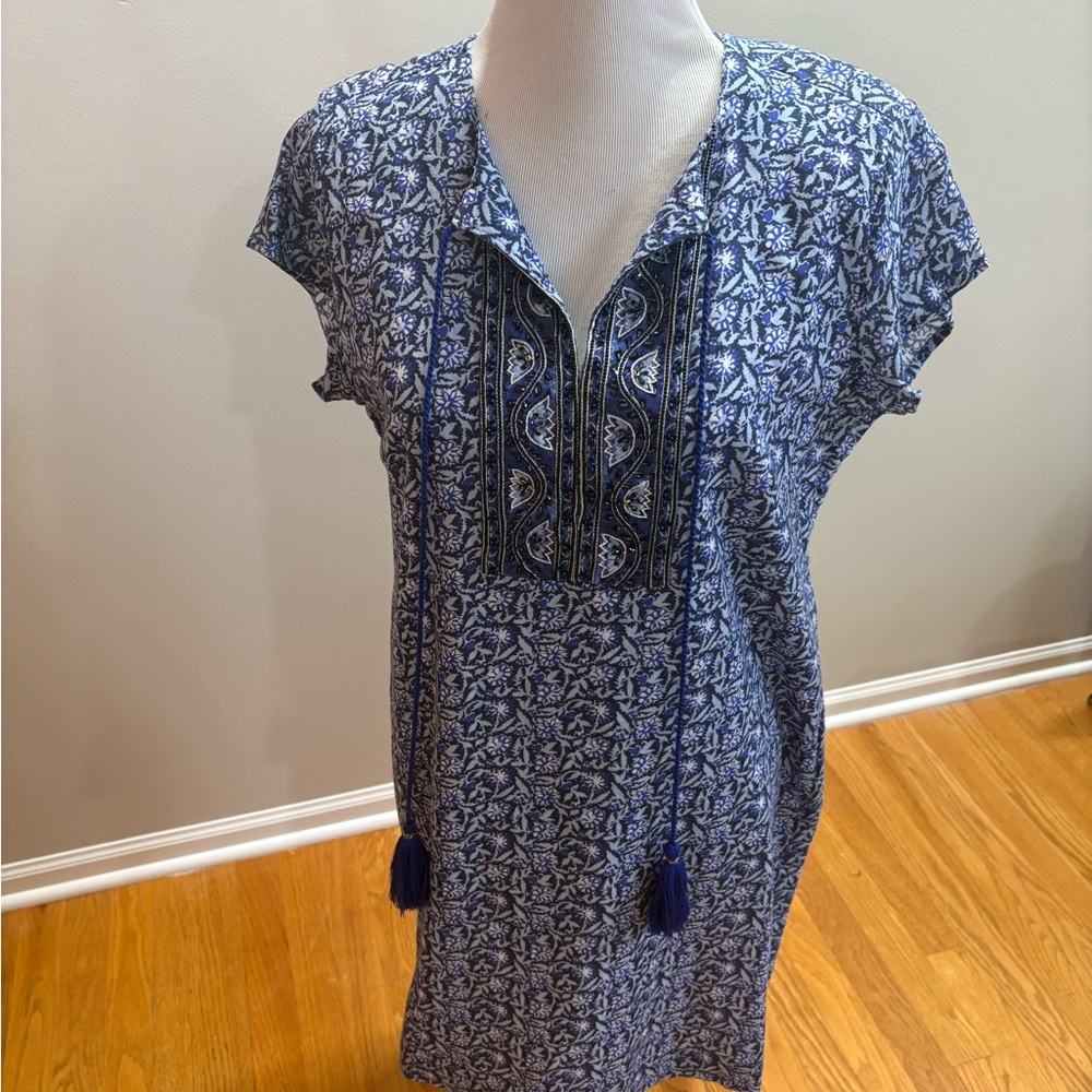 Bella Tu Blue Patterned Beaded Dress, Sz M